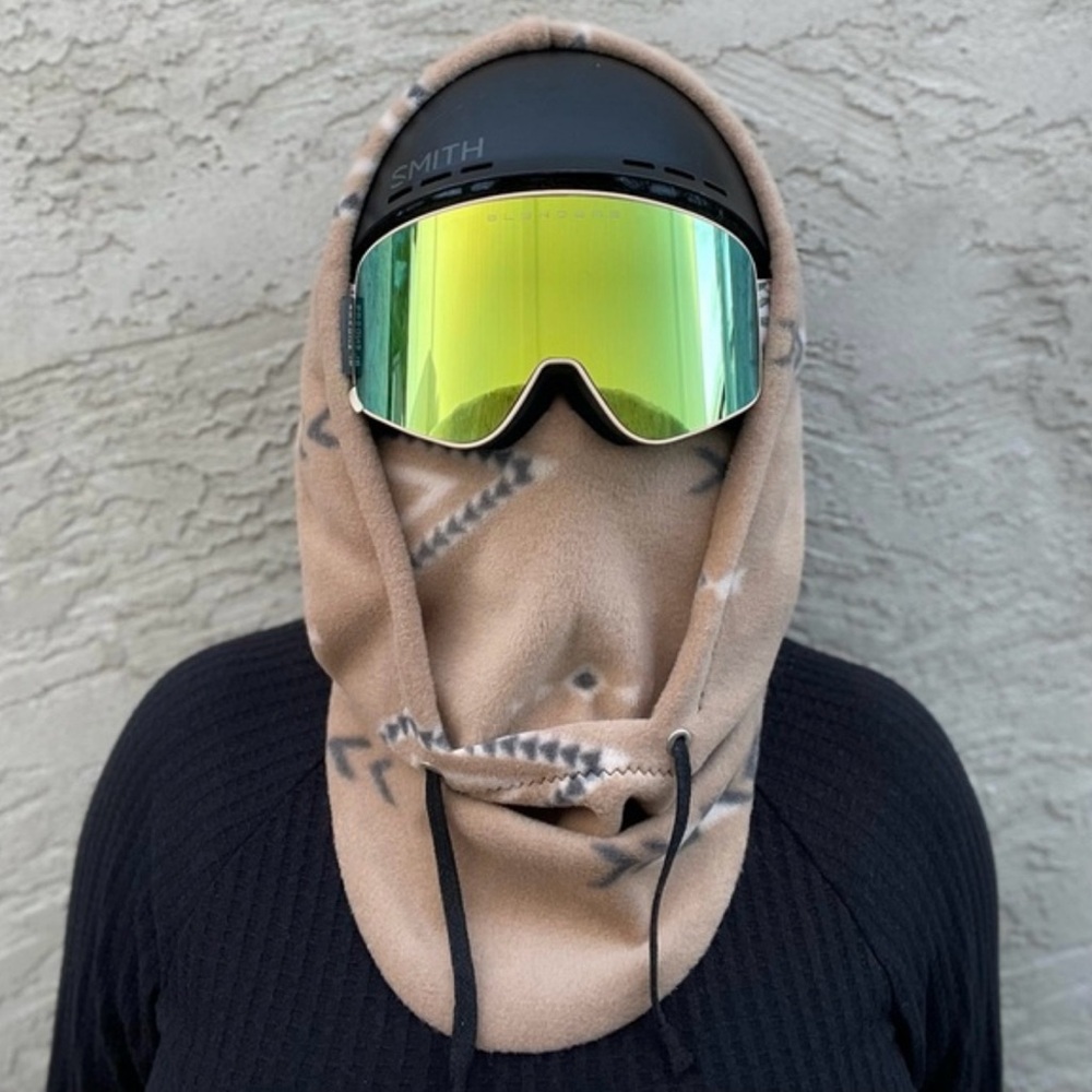Tan Aztec Ski Hood - fits over the helmet, fleece hood, balaclava, snood